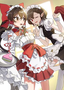 2girls ;d absurdres alternate_costume apron back_bow bell black_bow black_bowtie black_skirt black_vest bow bowtie brown_eyes brown_hair cake cake_slice collared_shirt commentary_request enmaided finger_to_mouth food frilled_hair_tubes frills hair_bow hair_tubes hakurei_reimu highres holding holding_tray japanese_clothes jingle_bell kimono leg_up long_hair looking_at_viewer maid maid_apron maid_headdress missing_wings multiple_girls neck_bell one_eye_closed open_mouth pen pointy_ears puffy_short_sleeves puffy_sleeves red_bow red_kimono shameimaru_aya shirt short_sleeves shushing skirt smile sweatdrop thighhighs touhou tray uehara_suiyo vest wa_maid waist_apron white_apron white_bow white_shirt white_thighhighs white_wrist_cuffs wrist_cuffs