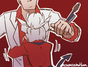 1boy 1girl blood commentary_request demon_girl demon_horns demon_tail height_difference helltaker helltaker_(character) highres horns hug kitchen_knife knife lucifer_(helltaker) mountain_han sad stab tail white_hair white_horns