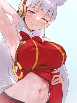 Rule 34 | 1girl, absurdres, animal ears, arm up, armpit focus, armpits, bow, breasts, clothes lift, gold ship (umamusume), grey hair, grin, highres, horse ears, horse girl, katosh, large breasts, lifting own clothes, long hair, navel, pink eyes, presenting armpit, red bow, red shirt, shirt, shirt lift, sleeveless, sleeveless shirt, smile, solo, stomach, sweat, teeth, toned, toned female, umamusume