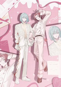 18trip 22kolink 2boys arm_up azekawa_kinari belt black_belt blue_eyes blue_hair bob_cut bow center_frills commentary_request fashion frilled_shirt frills full_body gradient_hair highres lace_shirt locked_arms male_focus multicolored_hair multiple_boys natsuyaki_chihiro one_eye_closed pants pink_background pink_hair pink_shoes red_bow red_ribbon ribbon shirt shirt_partially_tucked_in shoes short_hair sidelocks sleeves_past_fingers sleeves_past_wrists smile sparkle standing standing_on_one_leg teeth v white_pants white_shoes yellow_eyes yellow_shirt