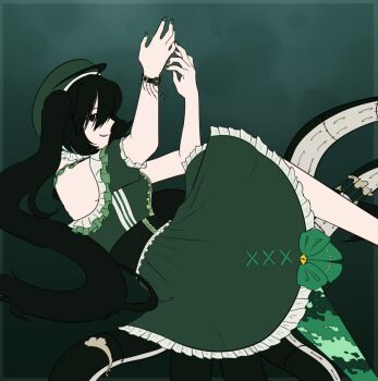 1girl ahoge animated animated_gif asymmetrical_legwear beads black_corset black_hair bow bracelet choker corset dress eye_symbol frilled_choker frilled_dress frilled_sleeves frills green_dress hair_over_eyes hat infinitedecaf jewelry looping_animation nail_polish original red_eyes ribbon tentacles tentacles_under_clothes torn torn_clothes twintails