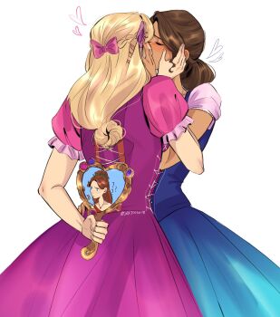 Rule 34 | 3girls, ?, ??, alexa (barbie and the diamond castle), barbie (character), barbie (franchise), barbie and the diamond castle, blonde hair, blue hair, bow, braid, brown hair, closed eyes, commentary, dress, english commentary, hair bow, half up braid, hand mirror, hand on another's face, heart, highres, holding, holding mirror, liana (barbie), long hair, low-tied long hair, melody (barbie and the diamond castle), mirror, multiple girls, pink bow, pink dress, puffy short sleeves, puffy sleeves, seijousai, short sleeves, signature, yuri