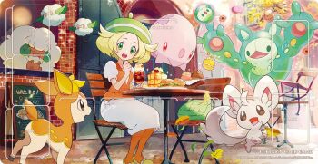 1girl :d bianca_(pokemon) blonde_hair chair commentary_request cottonee day deerling dessert dress eyelashes food gen_5_pokemon green_eyes green_headwear hand_up hat looking_down minccino munna nao_(naaa_195) nintendo open_mouth orange_pantyhose orange_vest outdoors pantyhose pokemon pokemon_(creature) pokemon_bw reuniclus shoes sitting smile solosis table vest whimsicott white_dress yellow_shoes