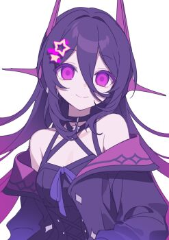 1girl bare_shoulders black_dress black_jacket closed_mouth commentary_request dress floating_hair gradient_hair hair_intakes hair_ornament headgear hijiri_(resetter) horns jacket long_hair looking_at_viewer multicolored_hair nayuta_(hijiri) off_shoulder open_clothes open_jacket original purple_eyes purple_hair simple_background smile solo star_(symbol) star_hair_ornament upper_body very_long_hair white_background