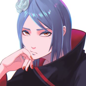 1girl akatsuki_uniform black_coat blue_eyeliner blue_hair blush closed_mouth coat commentary_request eyelashes eyeliner flower hair_flower hair_ornament highres konan_(naruto) long_sleeves looking_at_viewer makeup naruto_(series) naruto_shippuuden orange_eyes piercing red_nails sameccor solo upper_body white_background