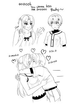 1boy 1girl aelianansfw anger_vein arm_around_shoulder baseball_uniform bra_strap camisole casual commentary commission english_commentary english_text french_kiss heart highres higurashi_no_naku_koro_ni houjou_satoshi hug kiss long_hair monochrome official_alternate_costume skirt sonozaki_shion sportswear strap_slip white_background