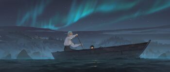 Rule 34 | 1girl, aurora, blonde hair, boat, dark, dim lighting, dredge (video game), forest, highres, holding, holding oar, imbanox9, lantern, mountainous horizon, nature, night, oar, ocean, rock, scenery, serious, shirt, shirt tucked in, solo, village, watercraft, white shirt