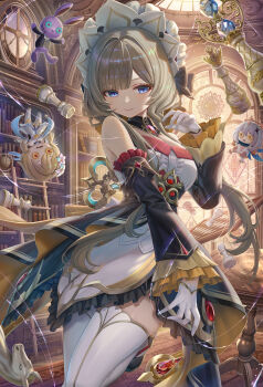 1girl bare_shoulders black_dress blue_eyes bonnet breasts brown_hair detached_sleeves dress genshin_impact hair_ribbon highres long_hair looking_at_viewer lumine_(genshin_impact) medium_breasts paimon_(genshin_impact) ribbon sandrone_(genshin_impact) sidelocks smile solo stuffed_toy thighhighs thighs thread torino_aqua white_dress white_thighhighs yellow_dress