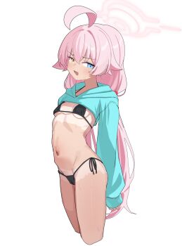 1girl absurdres ahoge arm_behind_back arsyky14 bikini black_bikini blue_archive blue_eyes blue_jacket blush breasts cat_ear_panties cropped_jacket cropped_legs fang groin halo halterneck heterochromia highres hoshino_(blue_archive) huge_ahoge jacket loli long_hair looking_at_viewer navel official_alternate_hairstyle open_mouth panties pink_hair pink_halo shy side-tie_bikini_bottom simple_background skin_fang small_breasts stomach sweat swimsuit tan tanline twintails underwear white_background yellow_eyes