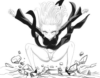 1girl absurdres curly_hair debris dress glaring greyscale high_heels highleg highleg_panties highres luizhtx medium_hair monochrome one-punch_man outstretched_arms panties pantyshot solo squatting tatsumaki underwear