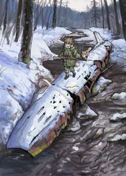1girl abandoned absurdres aircraft airplane animal animal_ears bare_tree brown_hair camouflage camouflage_pants coat f-86_sabre fighter_jet footprints fox fox_ears fox_girl fox_girl_(yihan_world) fox_tail green_coat gun highres military_vehicle open_mouth original outdoors pants rifle rock scenery scope snow stream tail tree water weapon wide_shot yihan_world