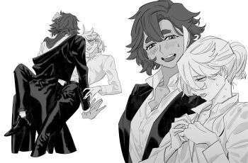 2girls absurdres blush breasts cleavage commentary_request couple ear_blush formal_clothes greyscale gundam gundam_suisei_no_majo hair_bun hand_on_another&#039;s_head hickey highres jacket jewelry korean_commentary long_hair looking_at_another medium_breasts miorine_rembran monochrome multiple_girls off_shoulder open_mouth ring shirt smile snapagi suit suit_jacket suletta_mercury sweatdrop thick_eyebrows wedding_ring white_shirt wife_and_wife yuri