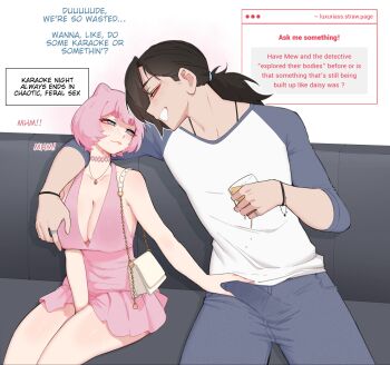 Rule 34 | 1boy, 1girl, absurdres, alcohol, bag, between legs, black hair, blue eyes, blush, bracelet, breasts, choker, cleavage, commentary, cup, denim, dress, drunk, english commentary, english text, eye contact, gen 1 pokemon, hand between legs, hand on another's crotch, handbag, height difference, hetero, highres, holding, holding cup, implied penis grab, jeans, jewelry, large breasts, legendary pokemon, long hair, looking at another, low ponytail, luxu, mew (pokemon), mythical pokemon, nintendo, pants, personification, pink choker, pink dress, pink hair, plunging neckline, pokemon, ponytail, raglan sleeves, ring, short dress, short hair, sideboob, sitting, strawpage