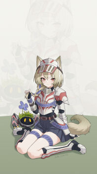 1girl absurdres alternate_costume animal_ear_fluff animal_ears arknights armor artist_name beanstalk_(arknights) belt black_gloves black_skirt blush braid brown_belt brown_hair brown_tail chinese_commentary closed_mouth commentary_request domesticated_metal_crab_(arknights) fingerless_gloves flower full_body gloves hair_lift hair_ribbon highres jiuyu_qame long_hair looking_at_viewer monster_hunter_(series) pauldrons pleated_skirt purple_flower purple_ribbon red_eyes ribbon shoulder_armor sitting skirt smile solo tail vambraces wariza zoom_layer