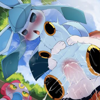 Rule 34 | 1girl, 2boys, amputee, blue eyes, blue sky, blush, cinderace, cloud, dagasi, day, gen 4 pokemon, gen 6 pokemon, gen 8 pokemon, glaceon, highres, hoopa, legendary pokemon, looking at another, motion lines, multiple boys, mythical pokemon, nintendo, outdoors, penis, pokemon, pokemon (creature), pussy, sex, sky, tears, testicles, tongue, tongue out, uncensored, vaginal