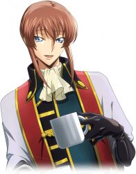 Rule 34 | 1boy, artist request, ascot, black gloves, blue eyes, brown hair, code geass, code geass: lost stories, cropped torso, cup, drink, dutch angle, game cg, gloves, green shirt, half-closed eyes, happy, high collar, holding, holding cup, holding drink, jacket, kanon maldini, looking at viewer, male focus, medium hair, mug, non-web source, official art, open clothes, open jacket, open mouth, shirt, sidelocks, simple background, smile, solo, standing, transparent background, white ascot, white jacket