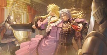 Rule 34 | 2boys, absurdres, aged down, aiguillette, armor, arms up, battle, belt, black belt, black bow, black choker, black jacket, black pants, black ribbon, blonde hair, blue eyes, bow, buster sword, chandelier, chinese commentary, choker, cloud strife, cloud strife (ball gown), collar, commentary request, crossdressing, crossdressing (mtf), cuirass, day, don corneo, dress, dress bow, dress flower, dress ribbon, european architecture, final fantasy, final fantasy vii, final fantasy vii: ever crisis, final fantasy vii remake, floral print, flower, frilled choker, frilled collar, frilled dress, frilled sleeves, frills, full armor, green eyes, grey hair, hand on another's shoulder, hand on another's waist, helm, helmet, highres, holding, holding shield, holding sword, holding weapon, indoors, jacket, knight, long hair, long sleeves, mansion, military jacket, military uniform, multiple belts, multiple boys, official alternate costume, pants, parted lips, pauldrons, people, poleyn, puffy long sleeves, puffy sleeves, purple dress, curtains, red flower, red rose, ribbon, rose, sephiroth, sephiroth (ever crisis), sephiroth (shinra formal uniform), serious, shield, short hair, shoulder armor, shoulder boards, shoulder strap, spiked hair, standing, sword, tiara, time paradox, upper body, weapon, yakakaer