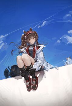 1girl absurdres angelina_(arknights) animal_ears arknights black_cat black_gloves black_socks blue_sky breasts brown_hair calico_(pattern) calico_cat cat coat day fox_ears full_body gloves hairband hands_on_own_legs highres kneehighs long_hair long_sleeves meihina open_clothes open_coat open_mouth orange_eyes outdoors red_hairband red_shoes shoes sitting sky small_breasts sneakers socks solo striped_clothes striped_hairband white_coat