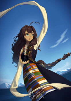 1girl :o absurdres ahoge alternate_costume arm_up artist_name black_dress blue_eyes blue_sky brown_hair buernia cloud dark-skinned_female dark_skin dated day dress fatutu highres jewelry lake long_braid long_hair looking_up mountain necklace open_mouth outdoors pendant reverse:1999 shell shell_necklace shirt signature sky sleeves_past_fingers sleeves_past_wrists solo tibetan_clothes twitter_username upper_body very_long_hair yellow_shirt