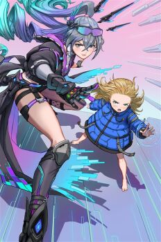 2girls barefoot black_boots black_gloves black_jacket black_shorts blonde_hair blue_coat blue_eyes blush boots closed_mouth coat crossed_bangs crossover diana_(pragmata) drill_hair eyewear_on_head fingerless_gloves floating floating_hair floating_object floating_sword floating_weapon full_body gloves goggles green_eyes grey_eyes grey_hair hair_between_eyes hair_floating_upwards honkai:_star_rail honkai_(series) jacket long_hair long_sleeves looking_at_viewer multiple_girls multiple_swords navel open_clothes open_jacket open_mouth padded_coat ponytail pragmata puffy_coat puffy_long_sleeves puffy_sleeves shirt shorts silver_wolf_(honkai:_star_rail) silver_wolf_(lv.999)_(honkai:_star_rail) smile sword tinted_eyewear very_long_hair weapon white_shirt