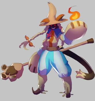 1girl black_mage_(final_fantasy) blazblue blonde_hair braid braided_sidelocks cat_girl cat_tail final_fantasy fire hair_ribbon hat looking_at_viewer magic mantle obscured_face pointy_shoes red_eyes ribbon sharp_teeth shoes simple_background splashbrush staff tail taokaka teeth wizard_hat