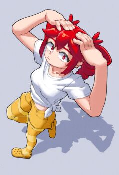 1girl alternate_costume birdbrain_(synthesizer_v) closed_mouth crocs drill_hair full_body grey_background hands_on_own_head highres kanbaru_mitsuki kasane_teto pantyhose pantyhose_under_shorts red_eyes red_hair shadow shirt shoes short_shorts short_sleeves shorts solo standing standing_on_one_leg striped_clothes striped_pantyhose t-shirt tied_shirt twin_drills utau white_shirt yellow_pantyhose yellow_shoes yellow_shorts