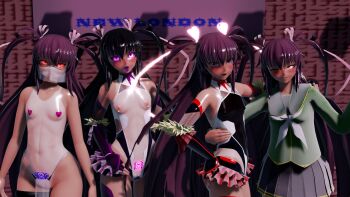 3d 4girls alternate_hair_color artist_request black_gloves blush bodysuit breasts brown_hair cameltoe corruption curvy dancer dancing dark-skinned_female dark_skin elbow_gloves female_focus gloves hair_ribbon highres leotard long_hair looking_at_viewer mask mizuki_yukikaze multiple_girls multiple_persona nipples red_eyes revealing_clothes ribbon shiny_skin simple_background skirt small_breasts taimanin_(series) taimanin_yukikaze thighhighs thighs thong tongue tongue_out twintails upper_body very_long_hair