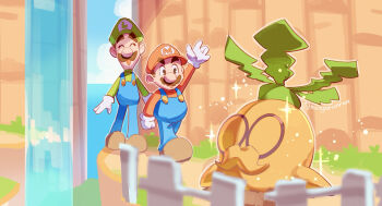 Rule 34 | arm at side, arm up, arms at sides, big nose, blue overalls, brown hair, brown shoes, clenched hand, closed eyes, facing another, glasses, gloves, grampy turnip (mario), hashtag-only commentary, hat, highres, initial, long sleeves, looking at another, luigi, mario, mario &amp; luigi: brothership, mario &amp; luigi rpg, mario (series), monyorun, nintendo, opaque glasses, open mouth, overalls, red hat, red shirt, salute, shirt, shoes, short hair, sideburns, sparkle, standing, twitter username, walking, white gloves