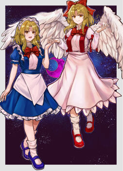 2girls angel_wings apron blonde_hair blue_dress blue_shoes border bow bowtie breasts closed_mouth commentary_request crescent_moon cross dress feathered_wings gengetsu_(touhou) grey_border hair_bow highres holding_hands long_sleeves looking_at_viewer maid maid_headdress mary_janes moon mugetsu_(touhou) multiple_girls open_clothes open_mouth open_vest outside_border puffy_short_sleeves puffy_sleeves red_bow red_bowtie red_shoes shoes short_sleeves siblings sisters smile socks star_(sky) tentaizukan touhou touhou_(pc-98) vest waist_apron white_apron white_dress white_socks white_wings wings yellow_eyes