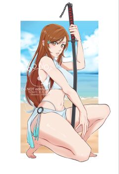 bare_shoulders barefoot beach bleach bleach_soul_resonance blue_sky border breasts brown_eyes closed_mouth cloud collarbone hair_ornament hairclip highres holding holding_sword holding_weapon inoue_orihime large_breasts lips long_hair looking_at_viewer navel ocean orange_hair sand sky snowflake_hair_ornament stomach sword tensa_zangetsu_(bankai) viii_00908 water weapon white_border zanpakutou