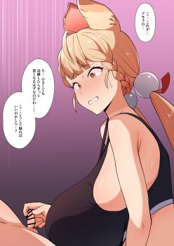 1boy 1girl alice_thymefield animal_ears bar_censor blonde_hair blush breasts censored gradient_background hair_ornament handjob heterochromia humiliation japanese_text large_breasts long_hair meganeru rabbit_ears rabbit_girl red_eyes simple_background small_penis small_penis_humiliation sphere_hair_ornament sports_bra translated two-finger_handjob wise_(zenless_zone_zero) yellow_eyes zenless_zone_zero