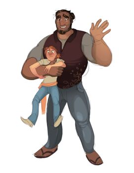 1boy 1girl blue_pants blush brown_sandals brown_vest cyros_(aftertouchs) denim full_body greekceltic green_hair grey_shirt hair_bun jacky_(greekceltic) jeans medium_hair orange_hair orange_scarf pants ponytail sandals scarf scarf_belt shirt shoes simple_background size_difference teeth upper_teeth_only vest white_background white_shoes yellow_shirt