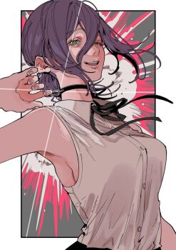 1girl armpits black_choker black_ribbon breasts chainsaw_man choker collared_shirt expressionless folded_hair green_eyes grenade_pin hair_between_eyes hand_up long_hair_between_eyes looking_at_viewer medium_breasts nakaki_pantz neck_ribbon open_mouth purple_hair reze_(chainsaw_man) ribbon shirt short_hair sidelocks sleeveless sleeveless_shirt smile solo teeth upper_teeth_only white_shirt