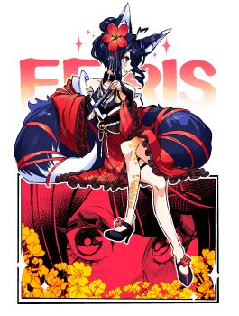 1girl absurdres animal_ear_fluff animal_ears bare_shoulders blue_eyes character_name dress eeiris_zuro_(chinese_new_year_2026) floral_print flower fox_girl frills hair_flower hair_ornament hand_fan highres holding holding_fan indie_virtual_youtuber japanese_clothes kimono leg_tattoo second-party_source short_hair solo tattoo virtual_youtuber wide_sleeves yagirevart