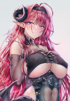 1girl azur_lane black_collar black_horns black_wings breasts center_frills closed_mouth collar commander_kei crop_top curled_horns detached_collar elbow_gloves eyelashes frills gloves hands_on_own_chest highres hindenburg_(azur_lane) horns long_hair low_wings mole mole_under_eye pink_eyes pointy_ears red_hair see-through_clothes solo sweat underboob wings
