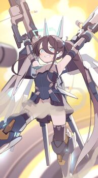 1girl aris_(blue_archive) aris_(mecha_suit)_(blue_archive) armpits bangs_pinned_back black_gloves black_hair black_skirt black_stocking blue_archive blue_eyes blue_halo blue_leotard blue_necktie cloud commentary_request convenient_censoring gloves gun halo hand_up highres holding holding_gun holding_weapon huge_weapon leotard long_bang long_hair long_sidelocks looking_at_viewer mechanical_arms mechanical_legs mechanical_wings missile necktie official_alternate_costume rectangular_halo sidelocks skirt smoke solo sweatdrop toki_kimagure twintails v-shaped_eyebrows very_long_hair wavy_mouth weapon white_leotard wings