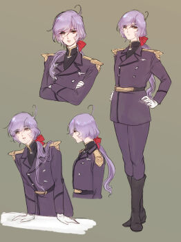 1boy absurdres ahoge belt black_belt black_boots black_shirt boots bow brown_eyes closed_mouth commentary_request crossed_arms eyes_visible_through_hair frown full_body garma_zabi green_background gundam gundam_gihren_no_yabou hair_bow hair_over_shoulder hands_on_own_hips hands_on_table high_collar highres jacket kinako_(nurupoga) knee_boots lapels leaning_forward long_hair long_sleeves low_ponytail male_focus military_uniform multiple_views notched_lapels pants parted_lips ponytail purple_hair purple_jacket purple_pants red_bow shirt shoulder_boards simple_background standing