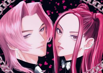 Rule 34 | 1boy, 1girl, black shirt, chain, commentary, earrings, eyeliner, eyeshadow, heart, highres, jewelry, kpop demon hunters, long hair, looking at viewer, makeup, mascara, medium hair, mira (kpop demon hunters), necktie, oolelele, pink eyes, pink hair, pink lips, romance (kpop demon hunters), shirt, smile, twintails, white necktie