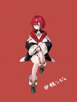 Rule 34 | 1girl, ange katrina, ange katrina (1st costume), ankle boots, black boots, black coat, blue eyes, boots, cardigan, coat, crossed bangs, dress, full body, gradient eyes, hair between eyes, hair intakes, hashtag, hashtag-only commentary, interlocked fingers, invisible chair, knee up, looking to the side, medium hair, multicolored eyes, nijisanji, off shoulder, own hands together, purple eyes, red background, red cardigan, red hair, short dress, simple background, sitting, solo, tone haruma, virtual youtuber, white dress