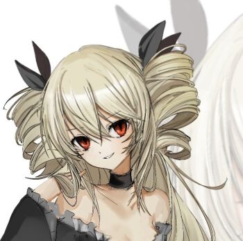 1girl bare_shoulders black_bow black_choker black_dress black_souls blonde_hair bow ch4nda choker dress drill_hair elisabeth_(black_souls) hair_bow hashtag-only_commentary long_hair off-shoulder_dress off_shoulder parted_lips red_eyes sidelocks simple_background smile solo twin_drills two_side_up very_long_hair white_background