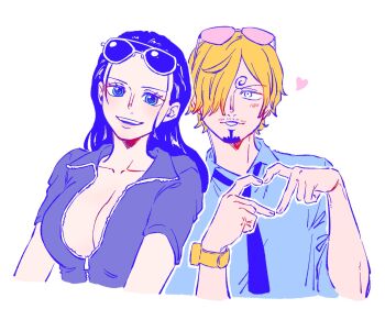 Rule 34 | 1boy, 1girl, 2024, black hair, black necktie, blonde hair, blue eyes, blue jacket, blue shirt, collarbone, collared shirt, eyewear on head, facial hair, goatee, hair over one eye, heart, heart hands, highres, jacket, looking at viewer, mustache stubble, necktie, nico robin, nico robin (return to sabaody), official alternate costume, one piece, open mouth, parted lips, partially unzipped, rnolmol, sanji (one piece), shirt, short-sleeved jacket, short sleeves, simple background, smile, stubble, sunglasses, sunglasses on head, teeth, upper teeth only, watch, white background, wristwatch, zipper, zipper pull tab