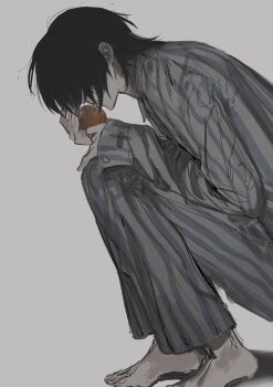 Rule 34 | 1boy, absurdres, alternate universe, apple, barefoot, black hair, chinese commentary, collared shirt, dao gui yi xian, dutch angle, food, from side, fruit, full body, grey background, grey pants, grey shirt, hair over eyes, highres, holding, holding food, holding fruit, hospital gown, li huowang, li huowang (modern world), long sleeves, male focus, official alternate costume, official alternate hair length, official alternate hairstyle, pants, shengdi yage, shirt, short hair, simple background, solo, squatting, striped clothes, striped pants, striped shirt, vertical-striped clothes, vertical-striped pants, vertical-striped shirt