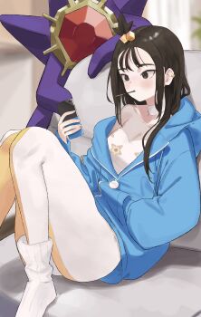 1girl absurdres black_hair blue_hoodie blush closed_mouth cube_hair_ornament earclip food food_in_mouth gen_1_pokemon grey_eyes hair_ornament hand_in_pocket highres holding holding_phone hood hood_down hoodie leggings lida_(pokemon) long_hair long_sleeves nintendo orange_leggings phone pocky pocky_in_mouth pokemon pokemon_(creature) pokemon_legends:_z-a ribbed_socks shirt sitting socks soya_(torga) starmie staryu topknot two-tone_legwear white_leggings white_socks wispy_bangs