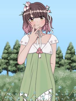 1girl closed_mouth commission densetsu.exe dress flower hair_flower hair_ornament highres indie_virtual_youtuber looking_at_viewer outdoors phoebe_(vtuber) smile solo standing tree virtual_youtuber