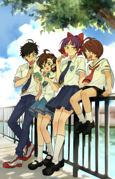 2boys 2girls absurdres against_railing ahoge black_hair black_shoes blue_eyes blue_necktie blue_pants blue_shorts blue_skirt blue_sky bow brown_hair cellphone character_request cloud collared_shirt commentary_request day eating food full_body gegege_no_kitarou hair_bow hair_ornament hair_over_one_eye hairclip highres holding holding_food holding_phone ice_cream inuyama_mana kitarou looking_at_another looking_at_object mary_janes miniskirt multicolored_hair multicolored_shoes multiple_boys multiple_girls neckerchief necktie nekomusume nekomusume_(gegege_no_kitarou_6) open_mouth outdoors pants phone pleated_skirt pointy_ears popsicle purple_hair railing red_bow red_eyes red_shoes red_streaks river sailor sailor_collar school_uniform shirt shoes short_hair short_sleeves shorts silanduqiaocui sitting skirt sky smartphone smile sneakers socks standing streaked_hair tree two-tone_shoes watermelon_bar white_shirt white_shoes white_socks wind wing_collar yellow_eyes