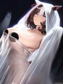 1girl absurdres animal_ears asdkd123 breasts brown_hair closed_mouth cowboy_shot dutch_angle ghost_costume heart heart_in_eye highres horse_ears horse_girl huge_breasts medium_hair meisho_doto_(umamusume) multicolored_hair pasties purple_eyes see-through_clothes solo standing streaked_hair symbol_in_eye umamusume