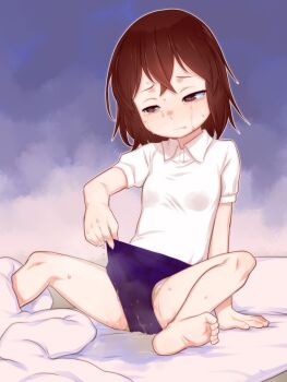 Rule 34 | 1girl, barefoot, blue buruma, breasts, brown eyes, brown hair, buruma, character request, closed mouth, collared shirt, commentary request, commission, copyright request, crying, crying with eyes open, highres, panties, parted lips, pee, peeing, peeing self, shirt, short sleeves, sitting, skeb commission, small breasts, soles, solo, spread legs, tears, teruki kuma, toes, underwear, white panties, white shirt