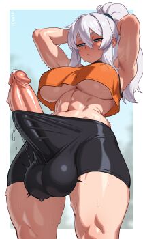 1girl abs absurdres arms_behind_head bare_shoulders bike_shorts black_shorts blue_eyes breasts covered_testicles erection futanari glooz_art hair_between_eyes highres huge_penis huge_testicles large_breasts long_hair original penis precum shorts solo sweat testicles uncensored underboob white_hair