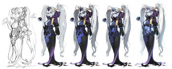 5girls alternate_costume arm_at_side beads black_shrug black_skirt black_sleeves blue_skin breasts caesty cleavage clothing_cutout colored_skin commentary_request concept_art covered_navel cyanos dated_commentary dual_persona full_body hair_tubes headpiece highres holding_orb korean_commentary light_smile lips long_hair long_skirt medium_breasts monster_girl multiple_girls navel navel_cutout nexon official_art production_art purple_hood red_eyes shrug_(clothing) simple_background sketch skirt smile tales_weaver three-quarter_sleeves twintails very_long_hair white_background white_hair