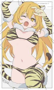 1girl animal_costume animal_ears animal_hands animal_print bikini blonde_hair breasts commentary elbow_gloves fake_animal_ears fake_tail fang fur-trimmed_thighhighs fur_collar fur_trim gloves highres large_breasts long_hair looking_at_viewer navel official_alternate_costume one_eye_closed open_mouth paw_gloves print_bikini shokuhou_misaki simple_background solo sparkling_eyes swimsuit tail teruya_(6w6y) thighhighs tiger_costume tiger_ears tiger_paws tiger_print tiger_tail toaru_kagaku_no_mental_out toaru_kagaku_no_railgun toaru_majutsu_no_index underboob yellow_bikini yellow_eyes yellow_gloves